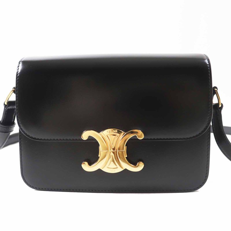 Celine 18842 Teen Triomphe Shiny Calfskin Shoulder Bag Black Gold Hardware