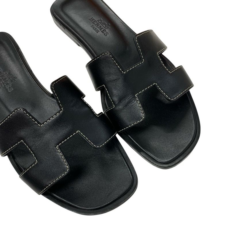 Hermes Oran Sandals Shoes Leather Black Flat Sandals Mules