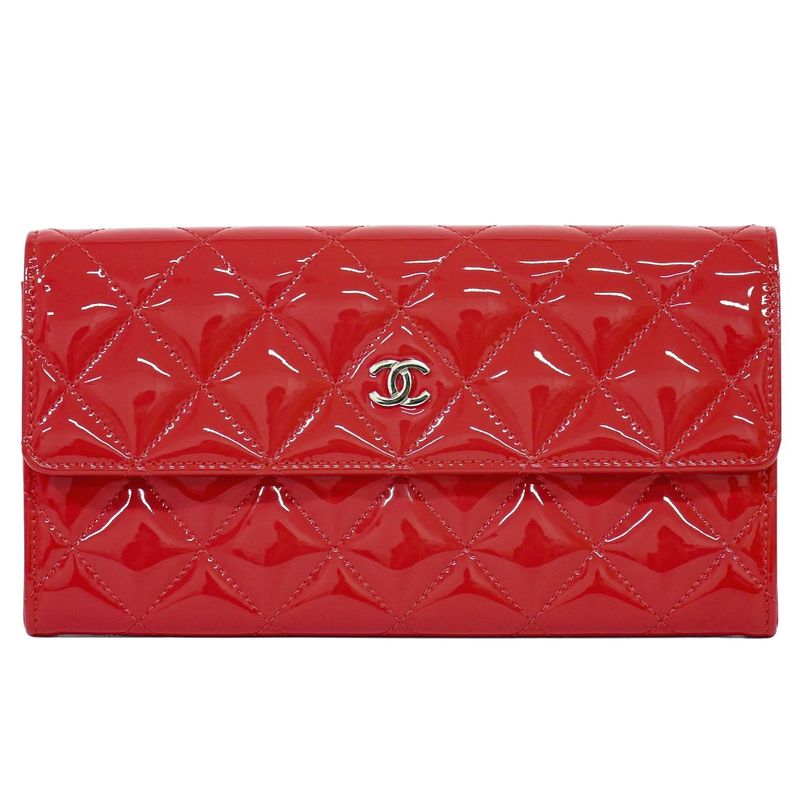 Authentic Chanel Coco Mark Matelasse Long Wallet Patent Leather Red Matelasse