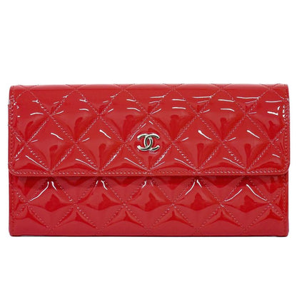 Authentic Chanel Coco Mark Matelasse Long Wallet Patent Leather Red Matelasse