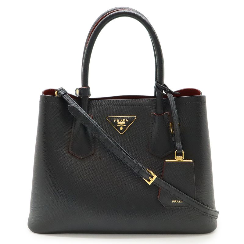 Prada Double Deubre Handbag 2WAY Shoulder Bag Bicolor Shape Pressed Leather