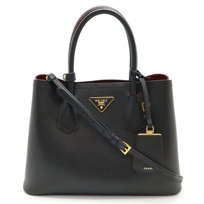 Prada Double Deubre Handbag 2WAY Shoulder Bag Bicolor Shape Pressed Leather