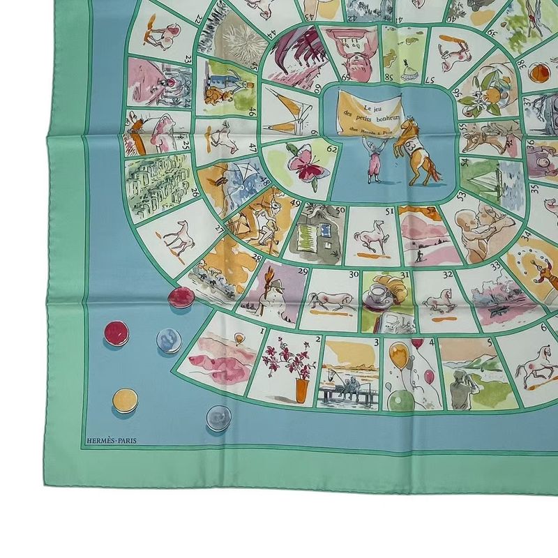 Hermes Carre 90 Le Jeu Des Petits Bonheurs Small Happy Game Scarf Silk Green