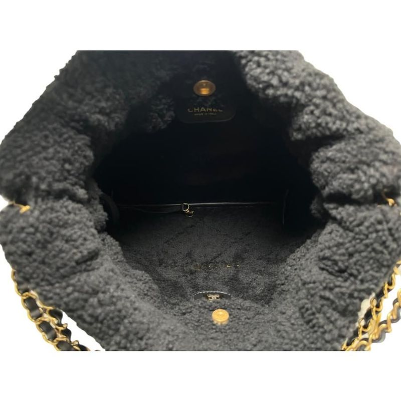 Chanel 22 Small Handbag Chain Bag Shearling Aged Lambskin Black Gold Hardware