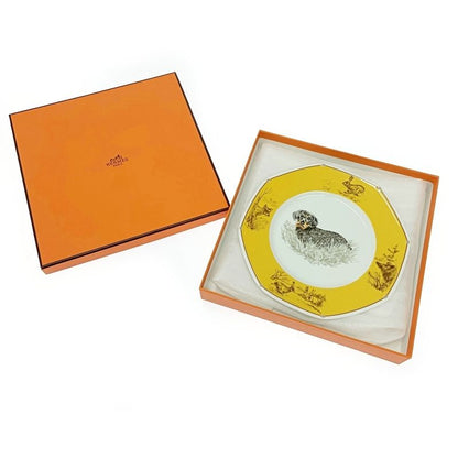 Hermes Porcelain Chasse Dachshund Dishware with Box Yellow 386994 Dish