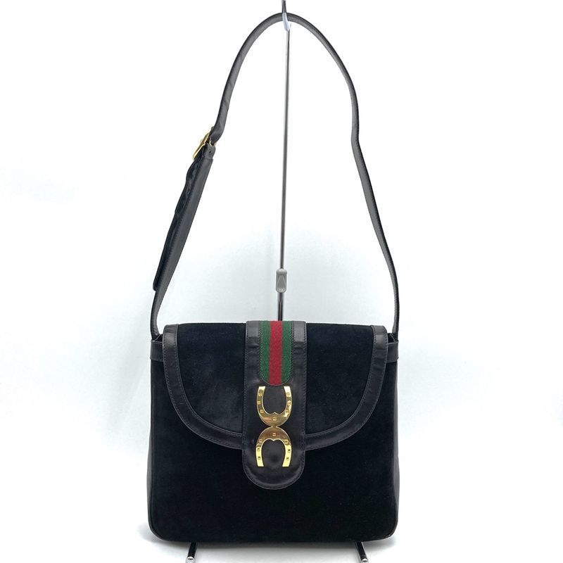 Old Gucci Shoulder Bag Horseshoe Vintage Black Suede/leather Ladies Fashion