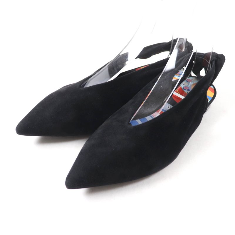 Hermes Eva Ballerina Suede Leather Ribbon Ballet Shoes Flat Pumps Black 37 With