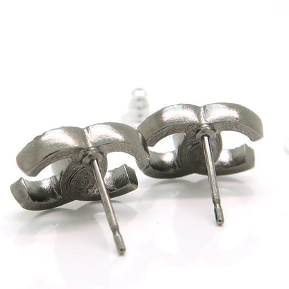 Chanel Coco Mark Earrings F19V Rhinestone Metal Gunmetal Box Included Chanel