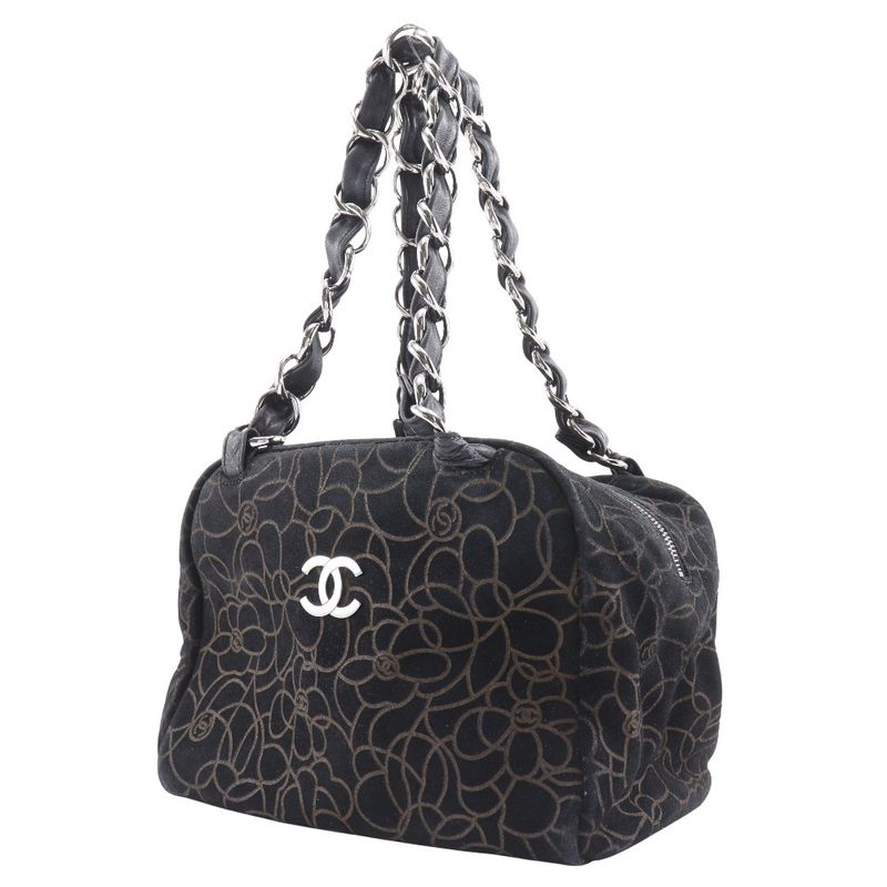 Chanel Camellia Chain Shoulder Suede Black Women's Tote Bag
