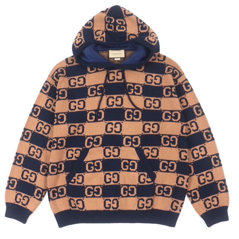  Gucci 752097 GG Cotton Jacquard Knit Pullover Hoodie Brown Navy M Made In