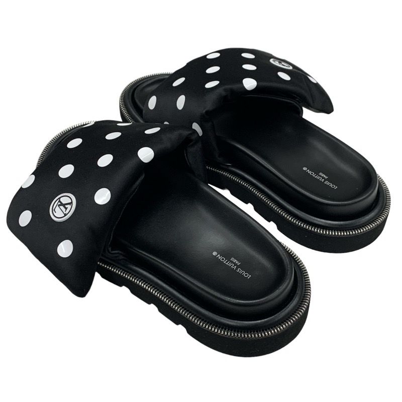 Louis Vuitton Pool Pillow Line Sandals Shoes Satin Black White Flat Sandals Dots