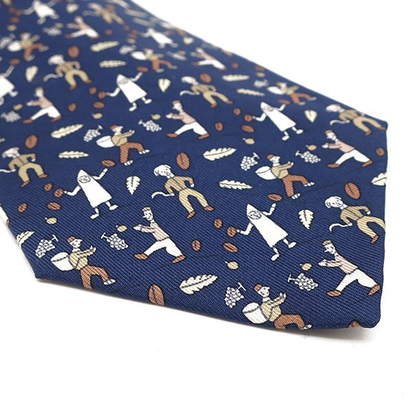 Hermes Necktie Fruit Picking Fallen Leaves 9cm (3.54in) Silk Blue and Brown
