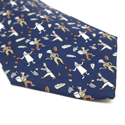 Hermes Necktie Fruit Picking Fallen Leaves 9cm (3.54in) Silk Blue and Brown