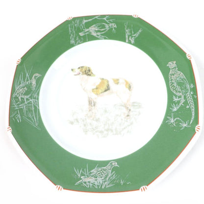 Hermes Pottery Cup And Saucer English Setter Dog Pattern Set Of 2 Green White
