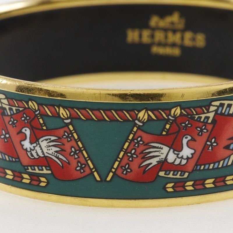 Hermes Emile GM Flag & Bird Cloisonne Gold Plated Green Ladies 35g Bangle