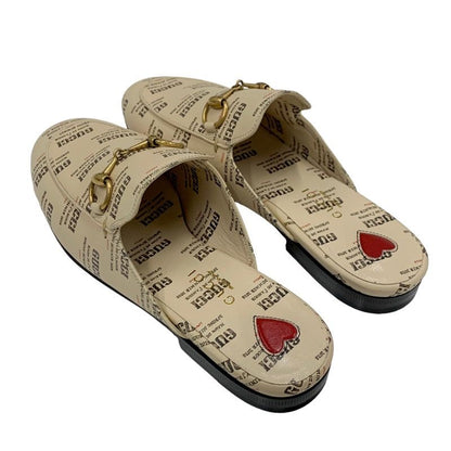 Gucci Prince Town Flat Shoes Leather Beige Red Gold Unused Mule Slipper Sandals