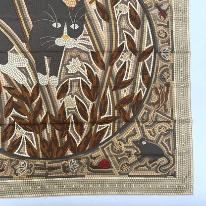 Hermes Carre 90 CAVE Felem Note The Cat Beige Scarf 100% Silk