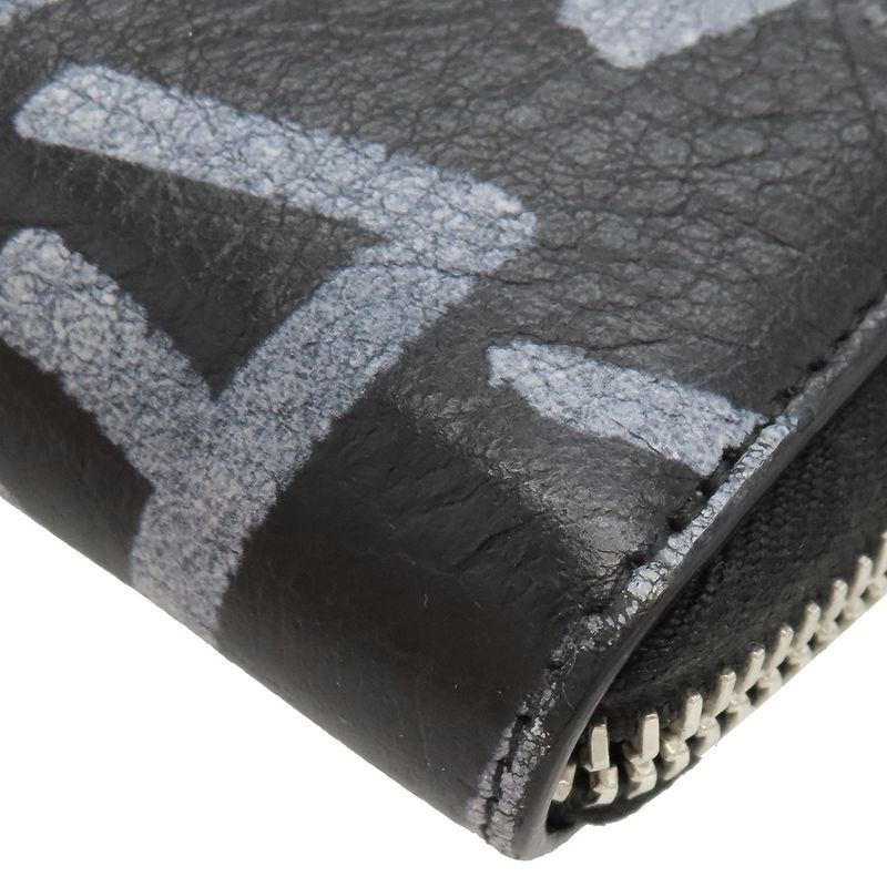 Balenciaga Long Wallet Round Zipper Graffiti Leather Black Silver Hardware