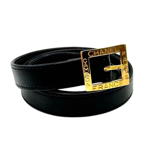 CHANEL Vintage Cambon Logo Black Leather Belt Gold Square Buckle