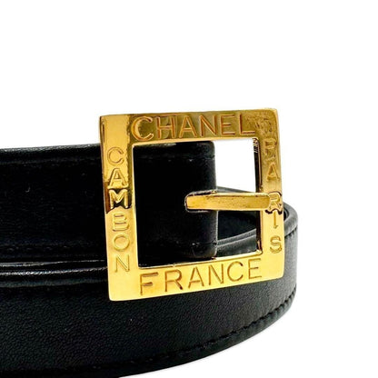 CHANEL Vintage Cambon Logo Black Leather Belt Gold Square Buckle