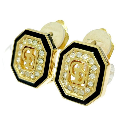 Christian Dior GP Rhinestone CD Logo Earrings Women's Gold Black 343556 Earrings