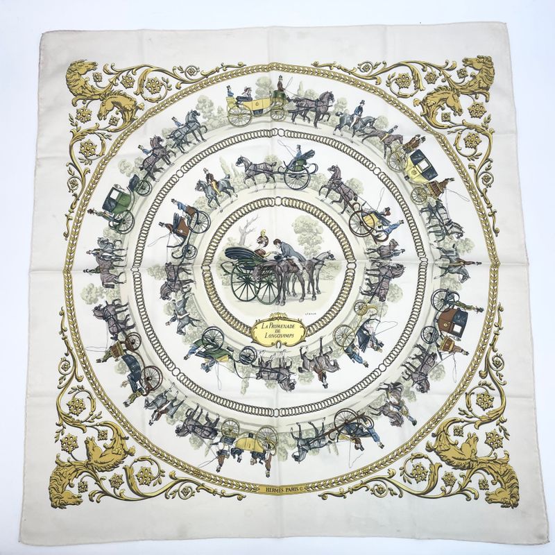Hermes Carre 90 Promenade LA Promenade DE Longchamps Scarf Silk White