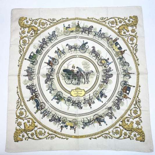 Hermes Carre 90 Promenade LA Promenade DE Longchamps Scarf Silk White