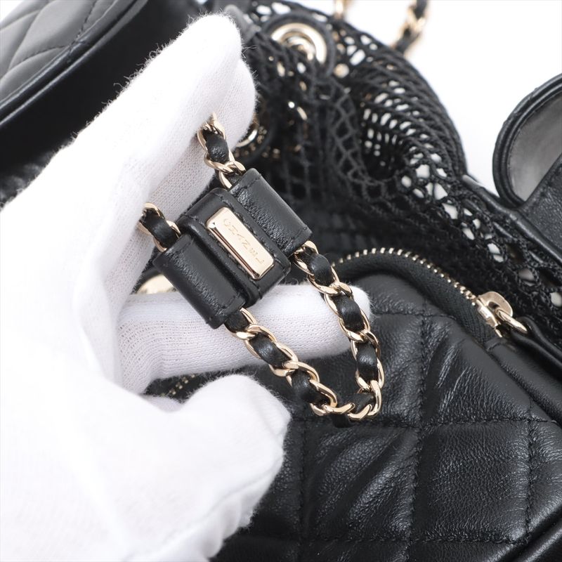 Chanel Quilted Lambskin Chain Backpack Mesh Black Gold Random Plate