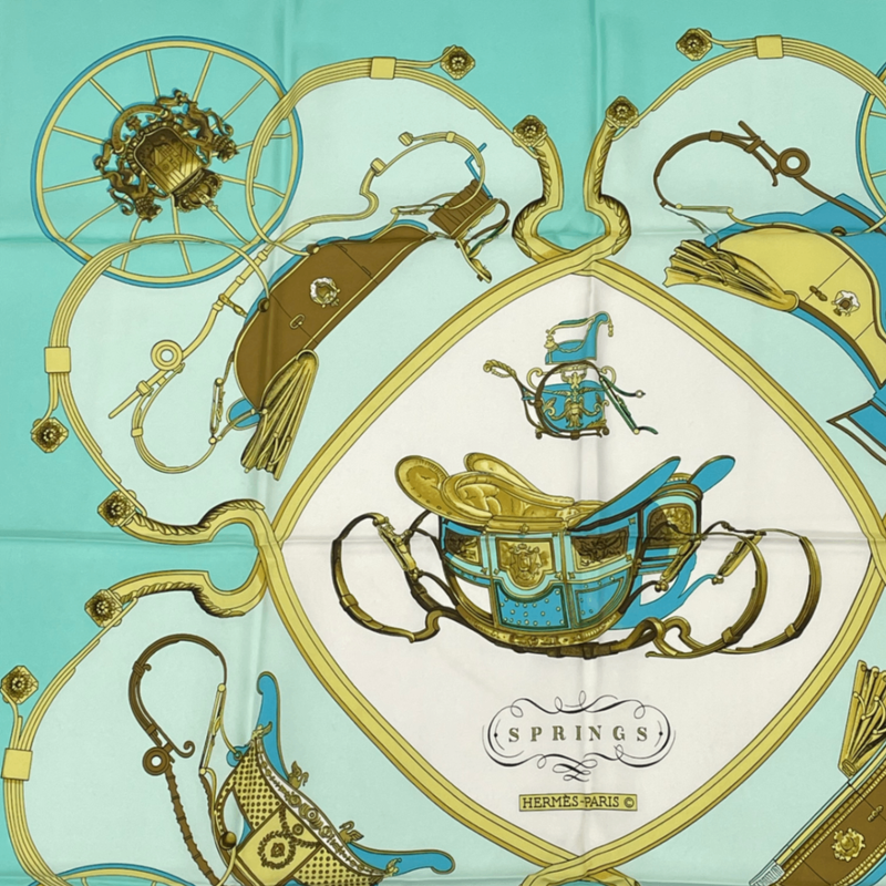 Hermes Springs Carriage Carre 90 100% Silk Scarf Green