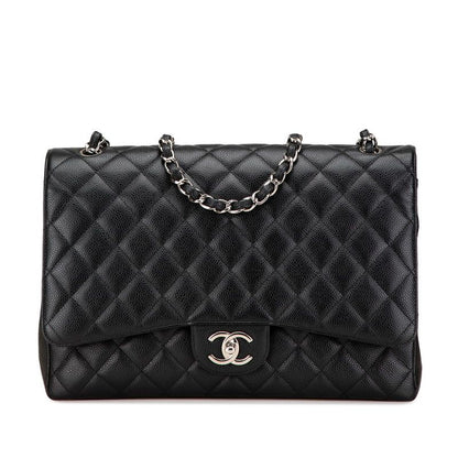 Chanel Matelasse Double Flap Coco Mark Chain Shoulder Bag Black Caviar Skin