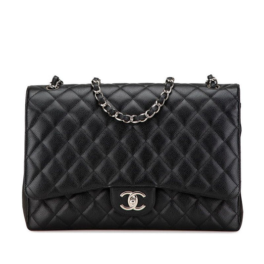 Chanel Matelasse Double Flap Coco Mark Chain Shoulder Bag Black Caviar Skin