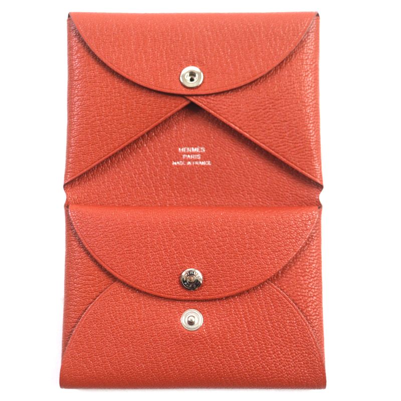  Hermes Calvi Duo Brick Silver Hardware Chevre Mizor Leather Coin Case W