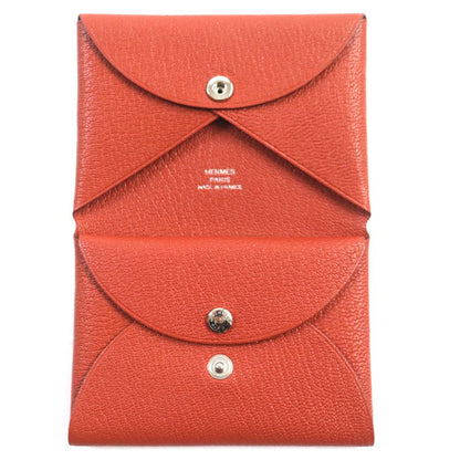  Hermes Calvi Duo Brick Silver Hardware Chevre Mizor Leather Coin Case W