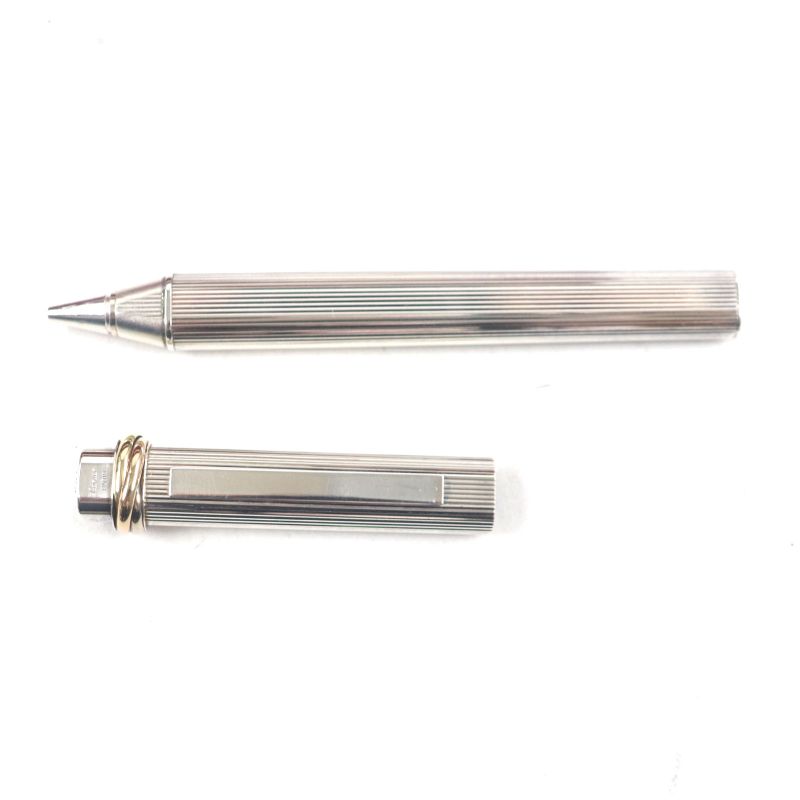 Cartier Vintage Trinity Striped Cap Ballpoint Pen Metal Silver With Box And