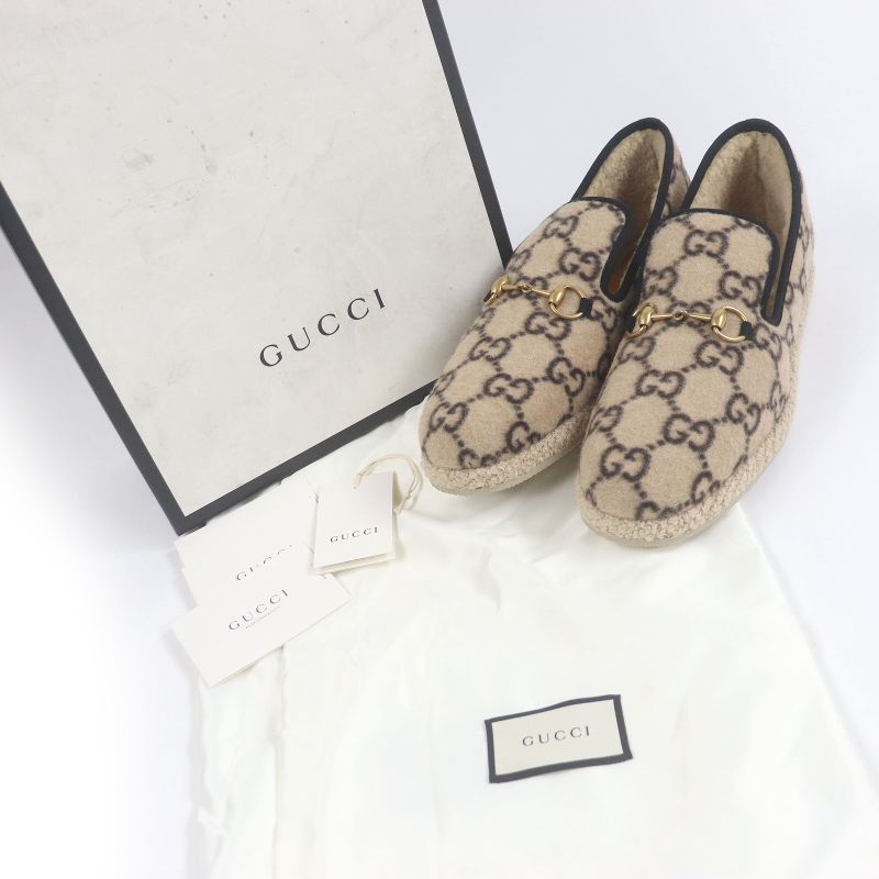 Gucci Mouton GG Logo Allover Horsebit Mouton Lining Slip-on Espadrilles Beige