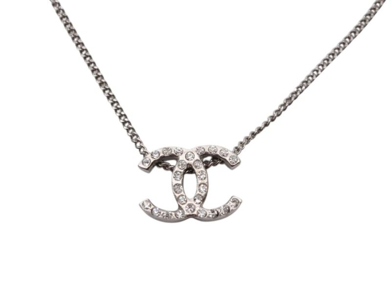 Chanel CC Logo Double Sided Rhinestone Necklace 10 44 Silver Metal — view 2