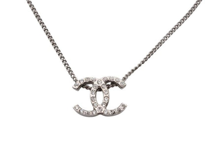 Chanel CC Logo Double Sided Rhinestone Necklace 10 44 Silver Metal — view 2