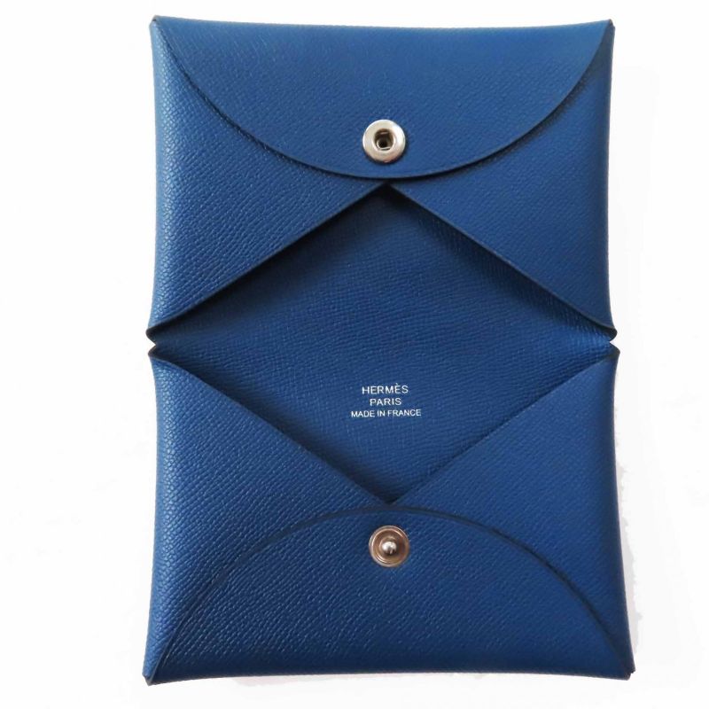 Hermes Calvi Deep Blue Silver Hardware Vaume D'adam Card Case Engraved B With