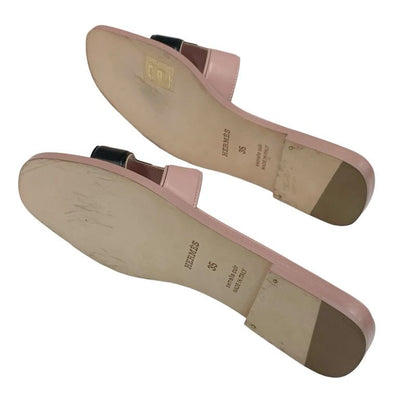 Hermes Oran Sandals Shoes Leather Pink Black Flat Sandals Mules