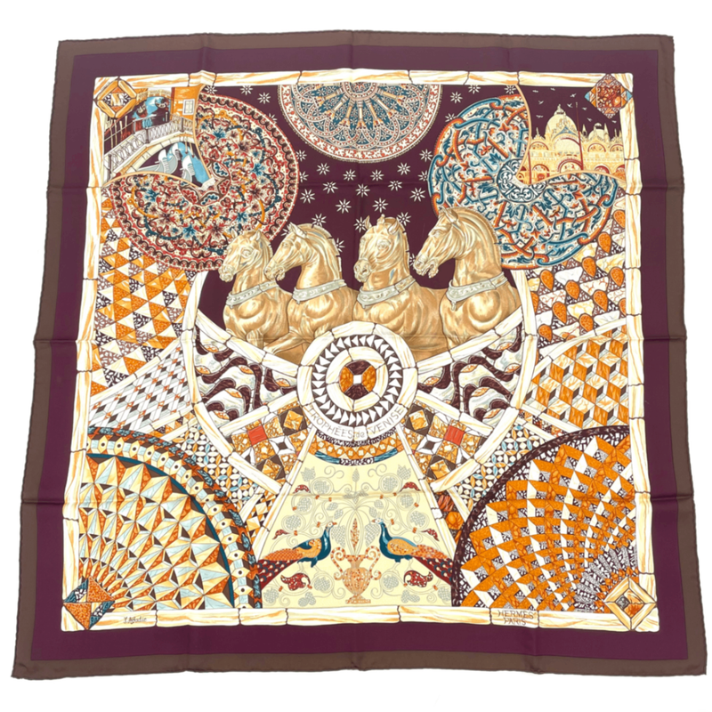 Hermes Carre 90 Victory Of Venice Trophees De Venise Scarf Silk Brown Horse