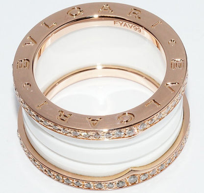 Bulgari Ring 18K Pink Gold White Ceramic Full Edge Pave Diamond Bzero1 Ring