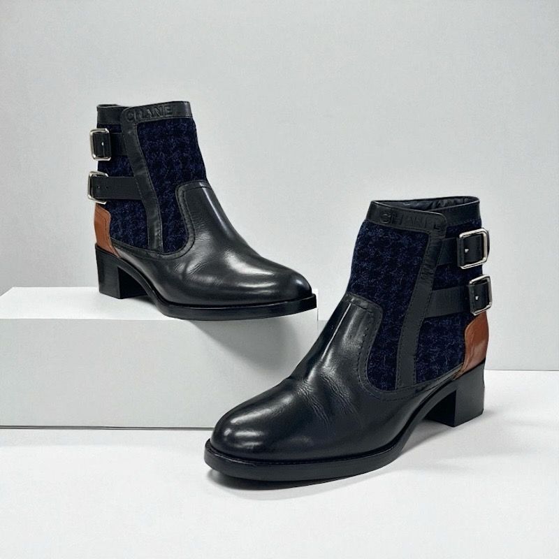 Chanel Boots Short Boots Shoes Tweed Black Navy Brown Logo Belt