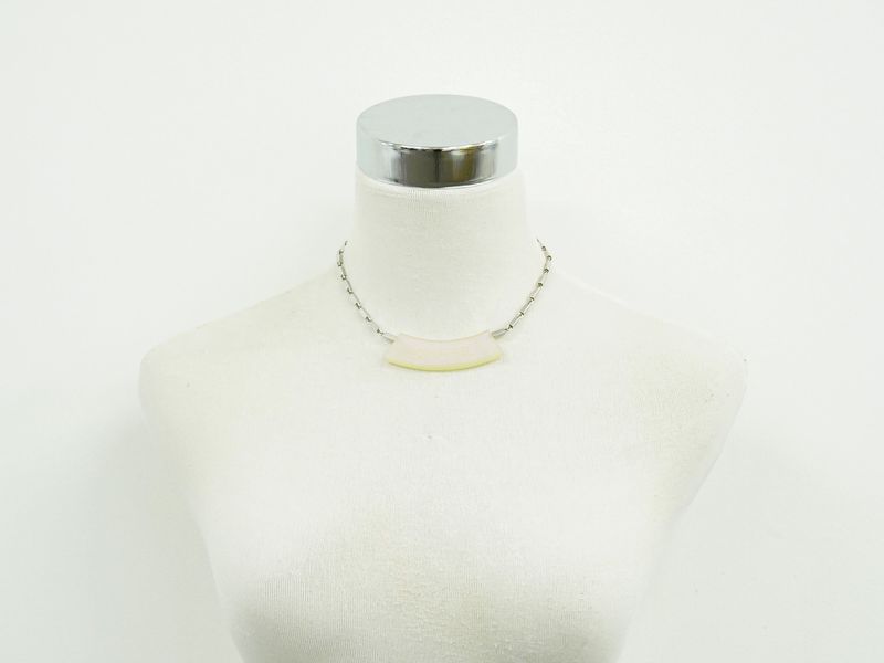 Authentic Chanel Logo Necklace Pendant Plastic Metal Silver Hardware White