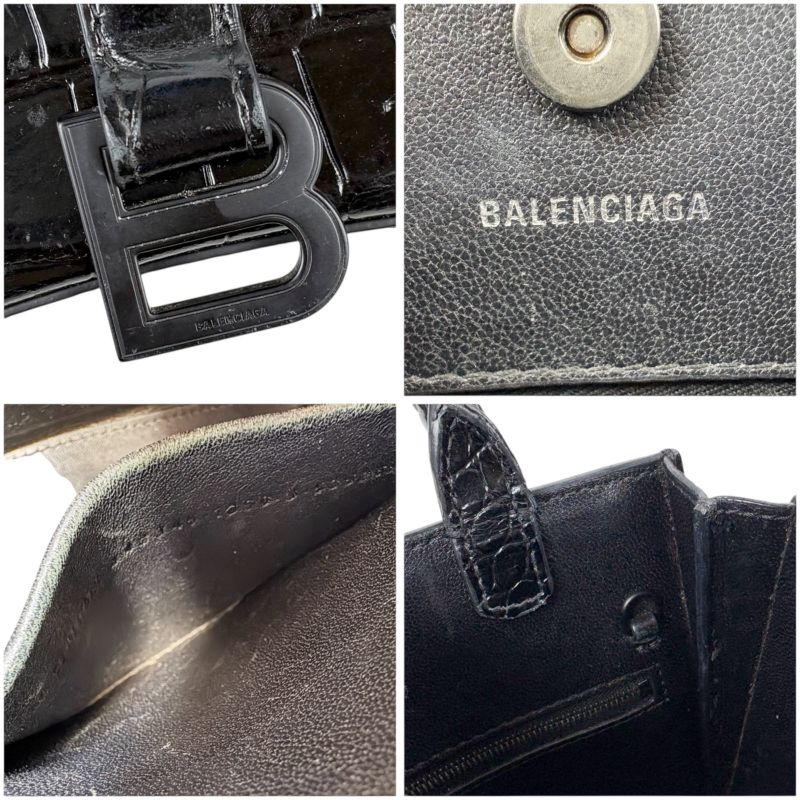 Balenciaga Hourglass Mini Handbag Black Croc Shape Pressed Leather