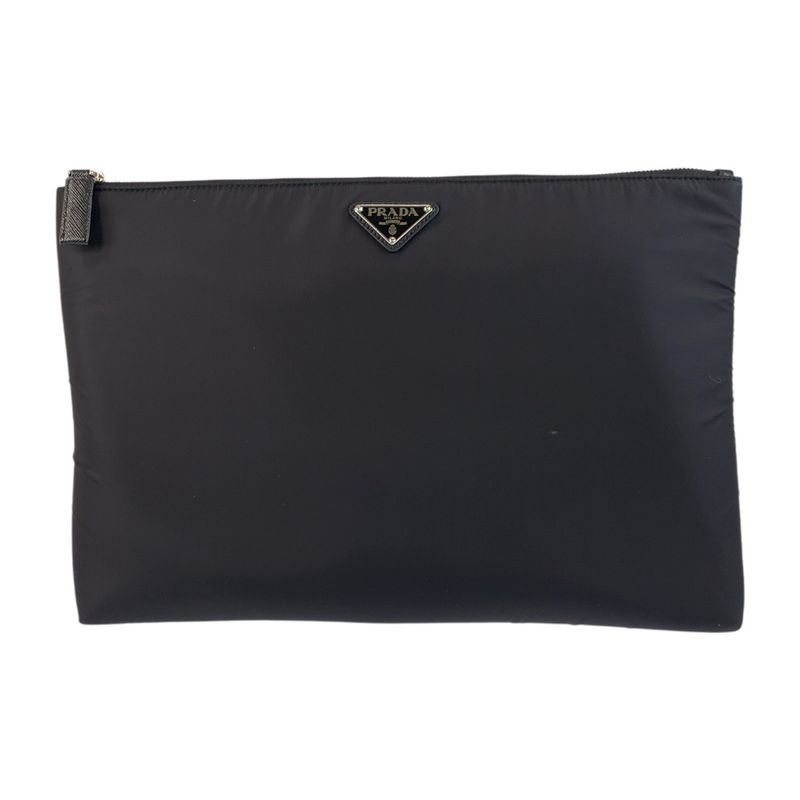 Prada Tessuto Triangle Logo Plate Black Silver Hardware Nylon Clutch Bag Second