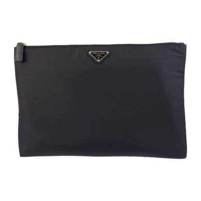 Prada Tessuto Triangle Logo Plate Black Silver Hardware Nylon Clutch Bag Second