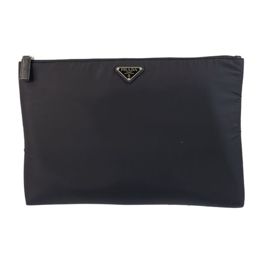 Prada Tessuto Triangle Logo Plate Black Silver Hardware Nylon Clutch Bag Second