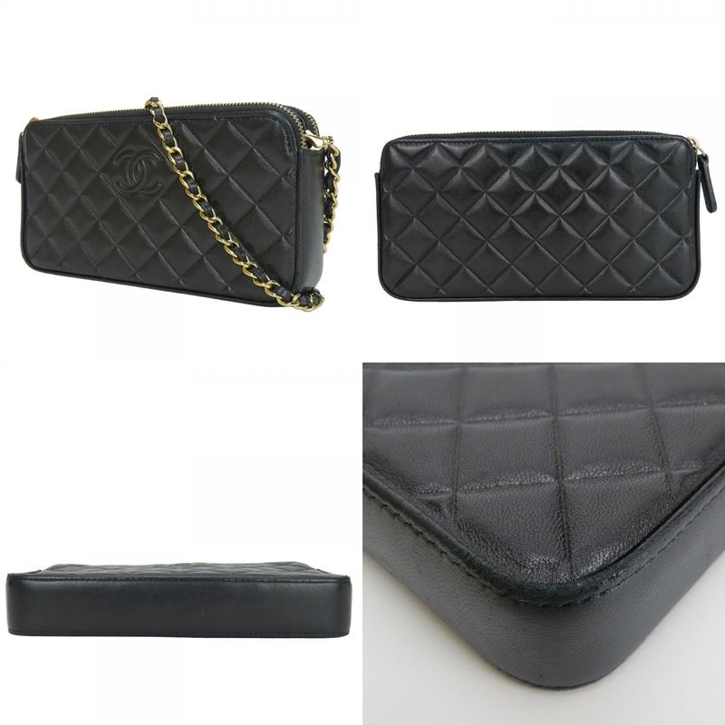 Chanel Shoulder Bag Chain Wallet Lamb Skin Black Gold Hardware Pochette