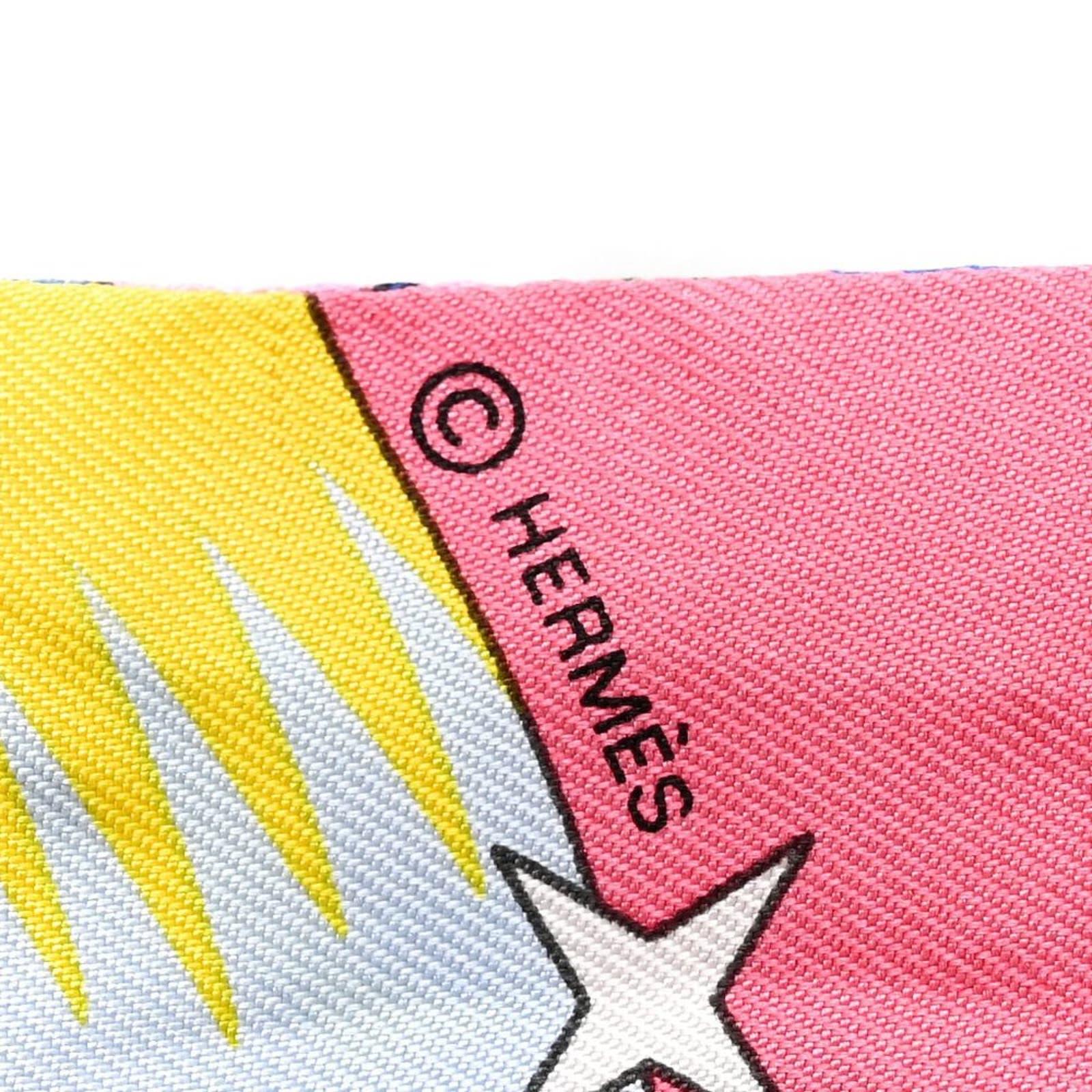 Hermes Twilly Scarf 100% Silk La Source de Pegase Rose Vif Jaune Pink - The Reluxe