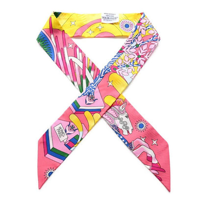 Hermes Twilly Scarf 100% Silk La Source de Pegase Rose Vif Jaune Pink - The Reluxe